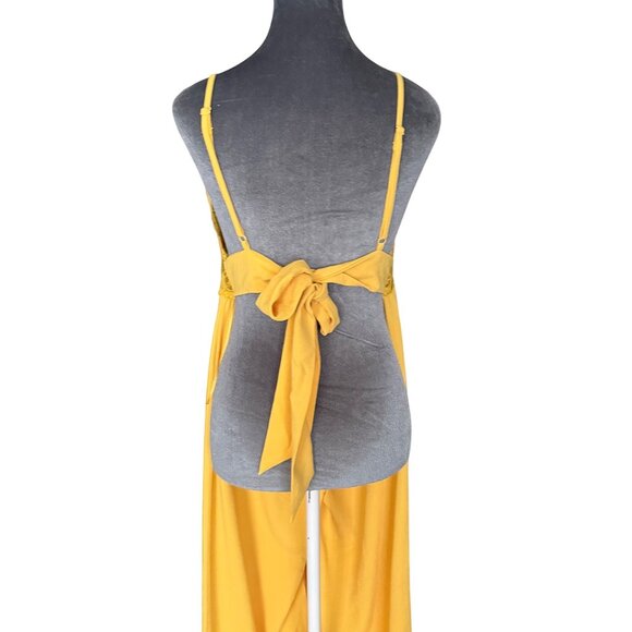 Yellow Lace Overlay Spaghetti Strap Jumpsuit With Tie Back And Sheer Waist Detai - Picture 5 of 8